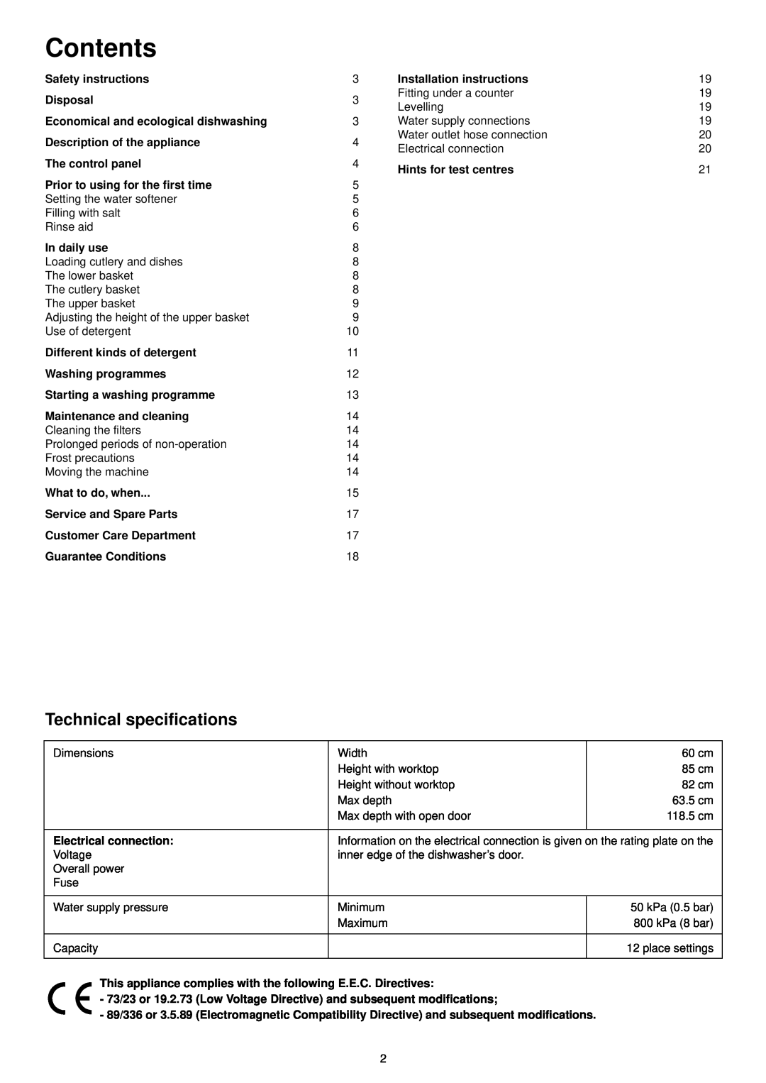 Zanussi DE 6554 manual Contents, Technical specifications 