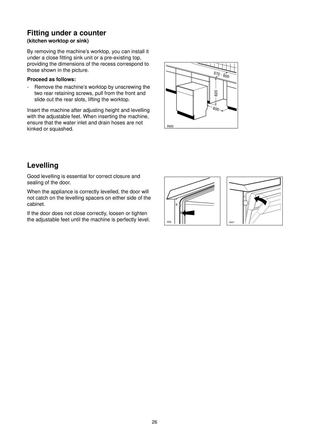 Zanussi DE 6744 S manual Fitting under a counter, Levelling, Kitchen worktop or sink 