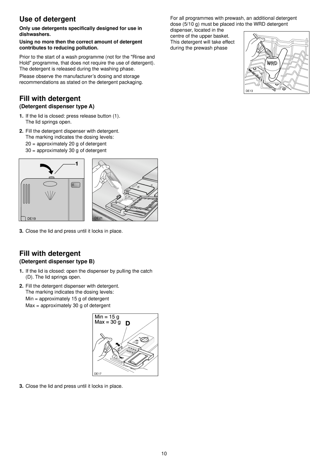 Zanussi DE 6754 S manual Use of detergent, Fill with detergent, Detergent dispenser type a, Detergent dispenser type B 