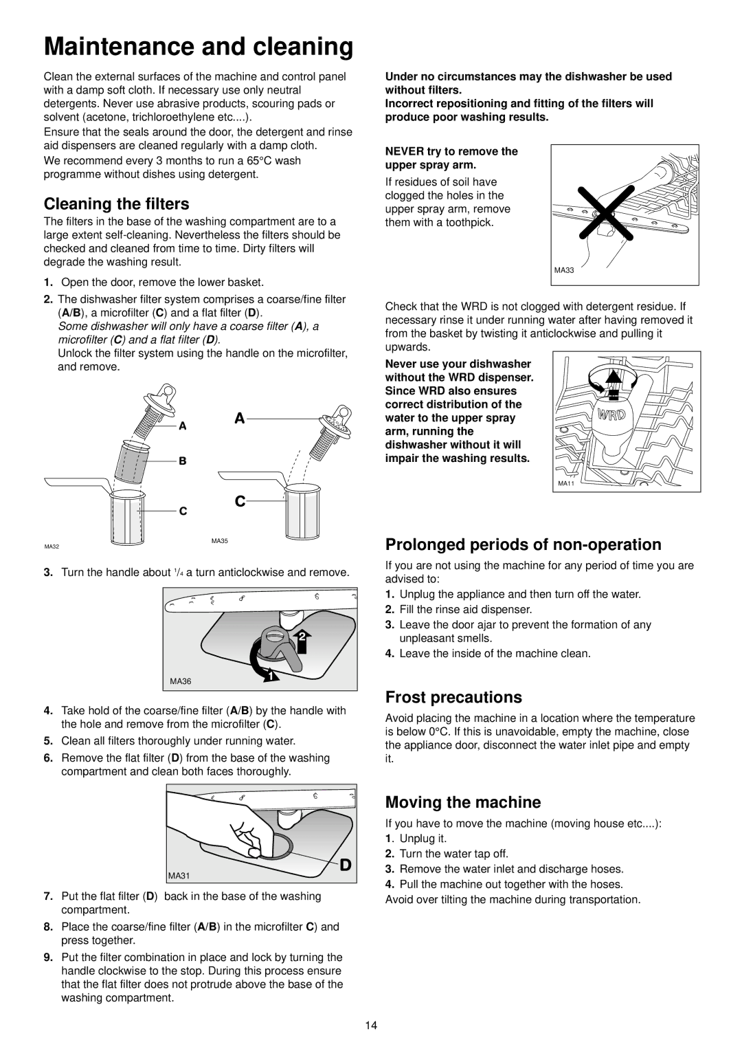 Zanussi DE 6754 Maintenance and cleaning, Cleaning the filters, Prolonged periods of non-operation, Frost precautions 