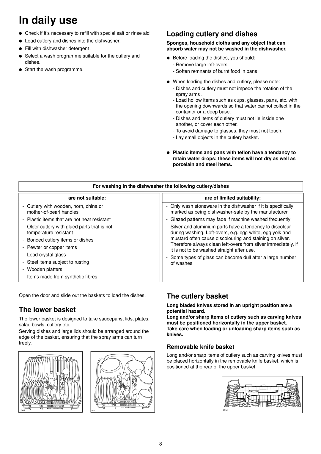 Zanussi DE 6754 S manual Daily use, Loading cutlery and dishes, Lower basket, Cutlery basket, Removable knife basket 