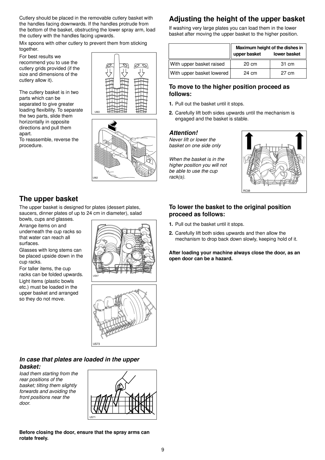 Zanussi DE 6754 S manual Adjusting the height of the upper basket, Upper basket, Pull out the basket until it stops 