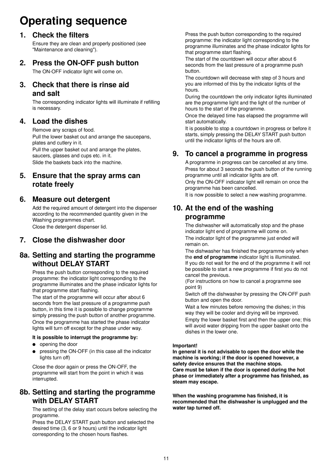 Zanussi DE 6755 manual Operating sequence 