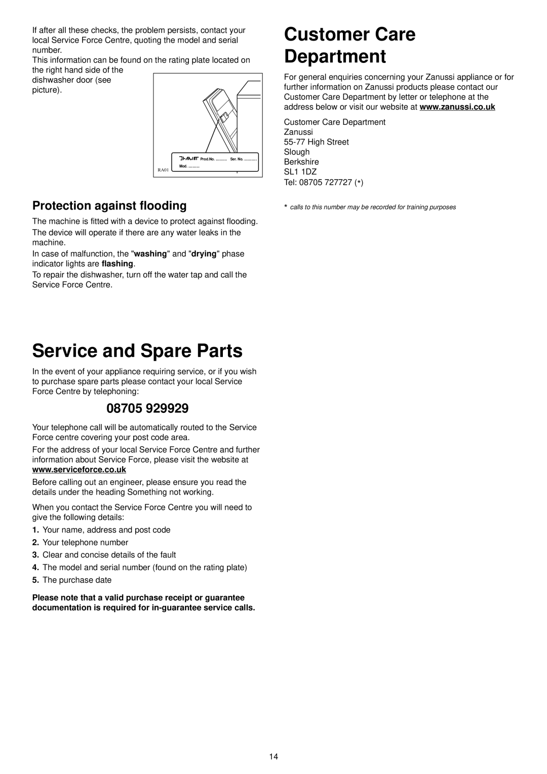 Zanussi DE 6755 manual Customer Care Department, Service and Spare Parts, Zanussi.co.uk 