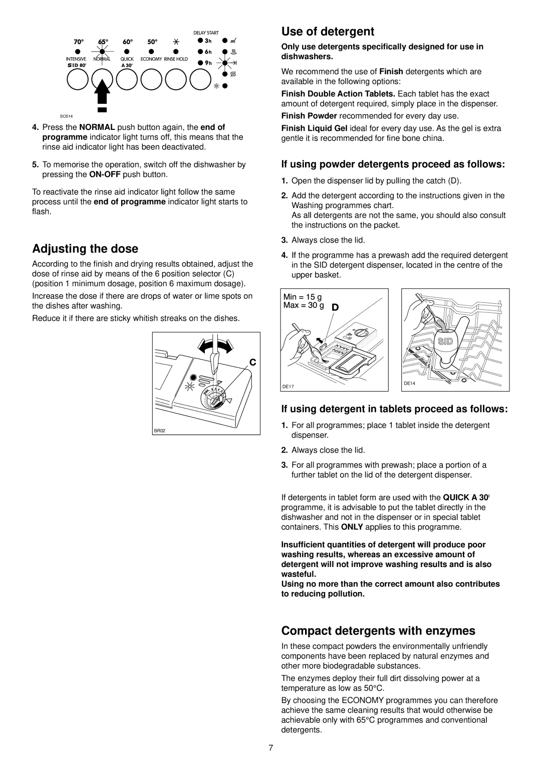 Zanussi DE 6755 manual Adjusting the dose, Use of detergent, Compact detergents with enzymes, End 