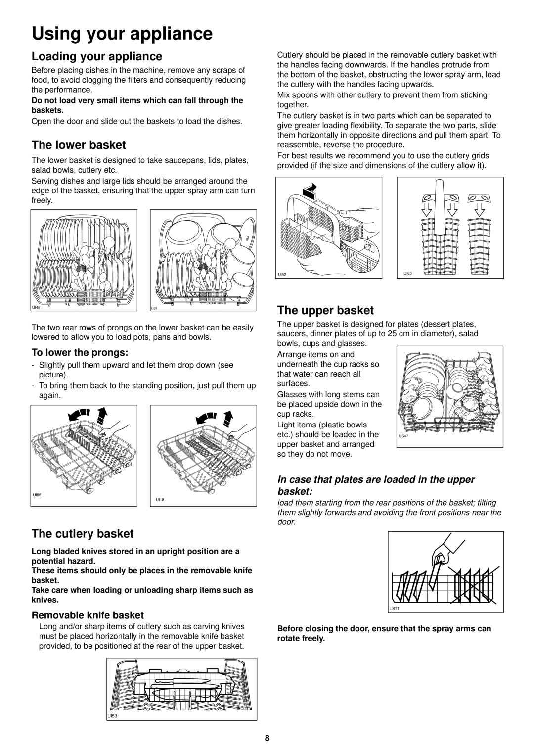 Zanussi DE 6755 manual Using your appliance, Loading your appliance, The lower basket, The upper basket, The cutlery basket 