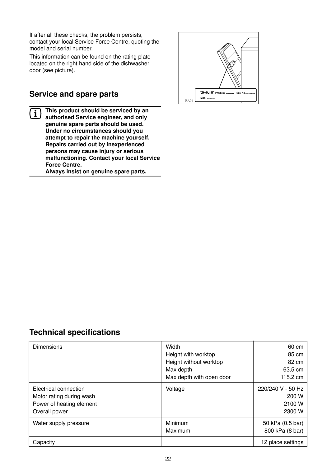 Zanussi DE 6844 A manual Service and spare parts, Technical specifications, Always insist on genuine spare parts 