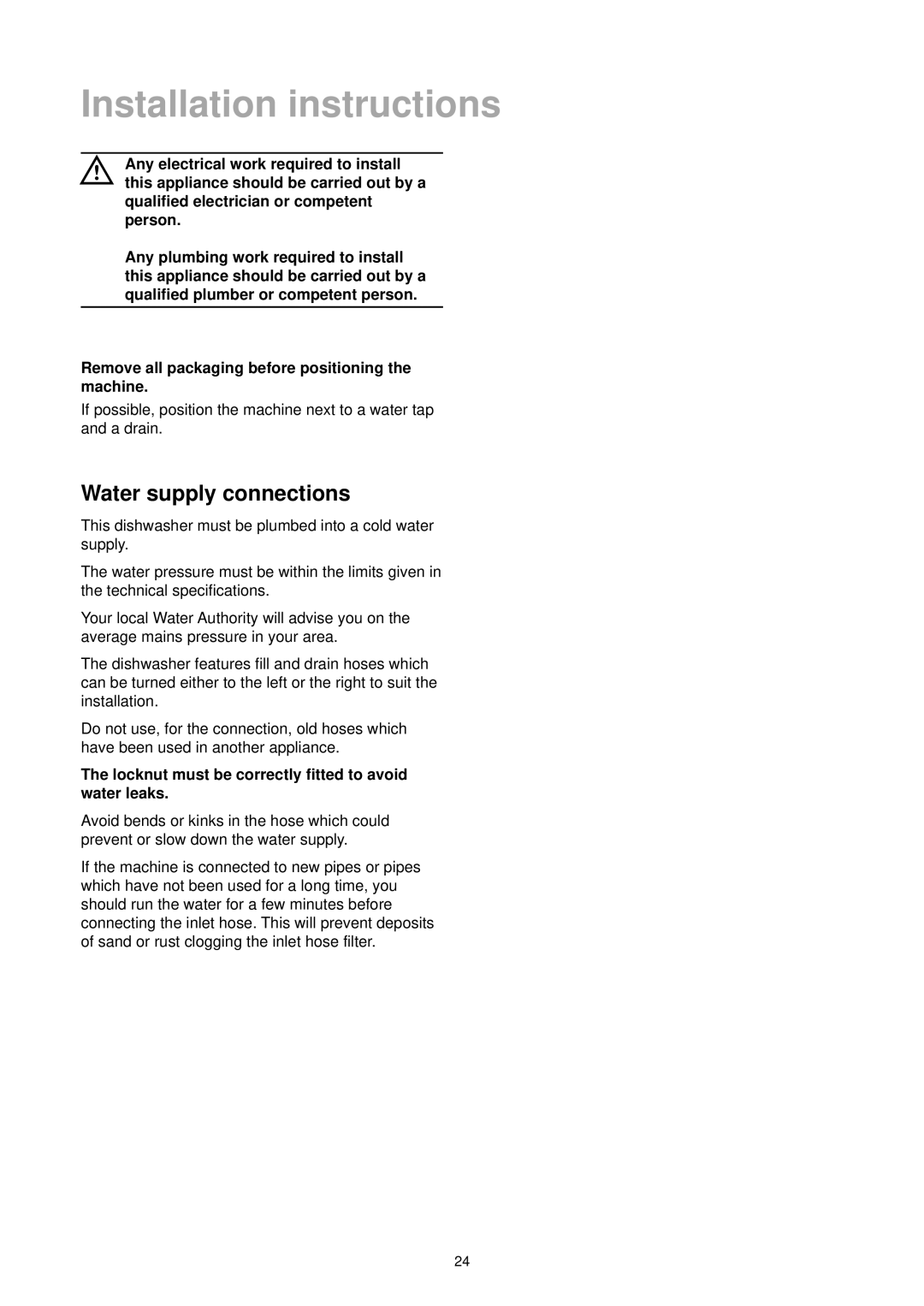 Zanussi DE 6844 A manual Installation instructions, Water supply connections 