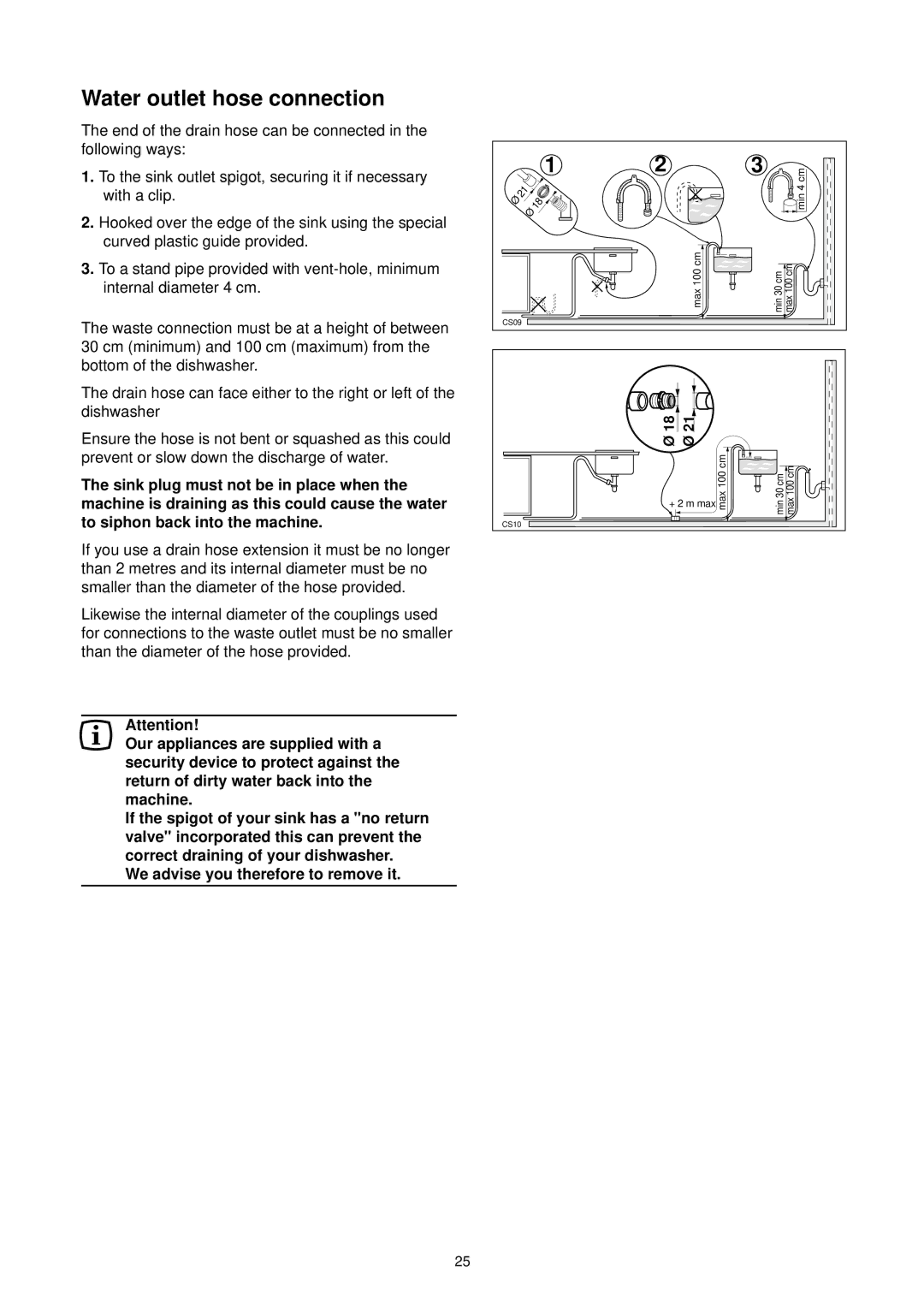 Zanussi DE 6844 A manual Water outlet hose connection, We advise you therefore to remove it 