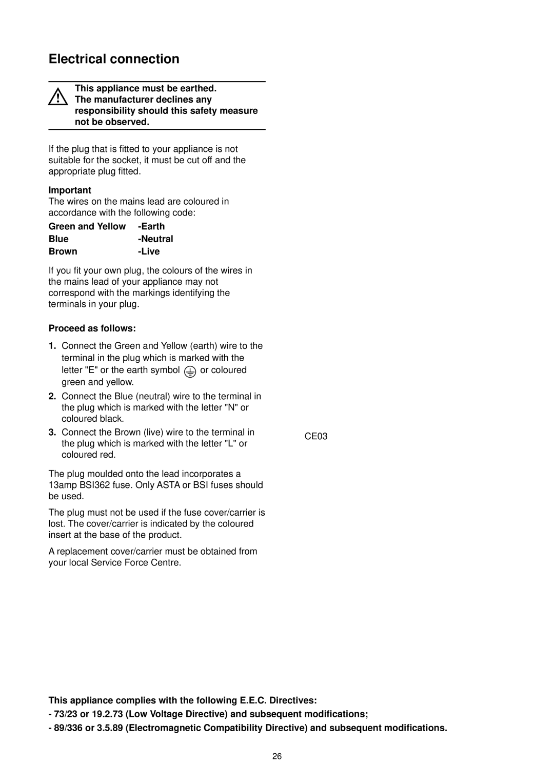 Zanussi DE 6844 A manual Electrical connection, Earth, Blue, Brown Live, Proceed as follows 