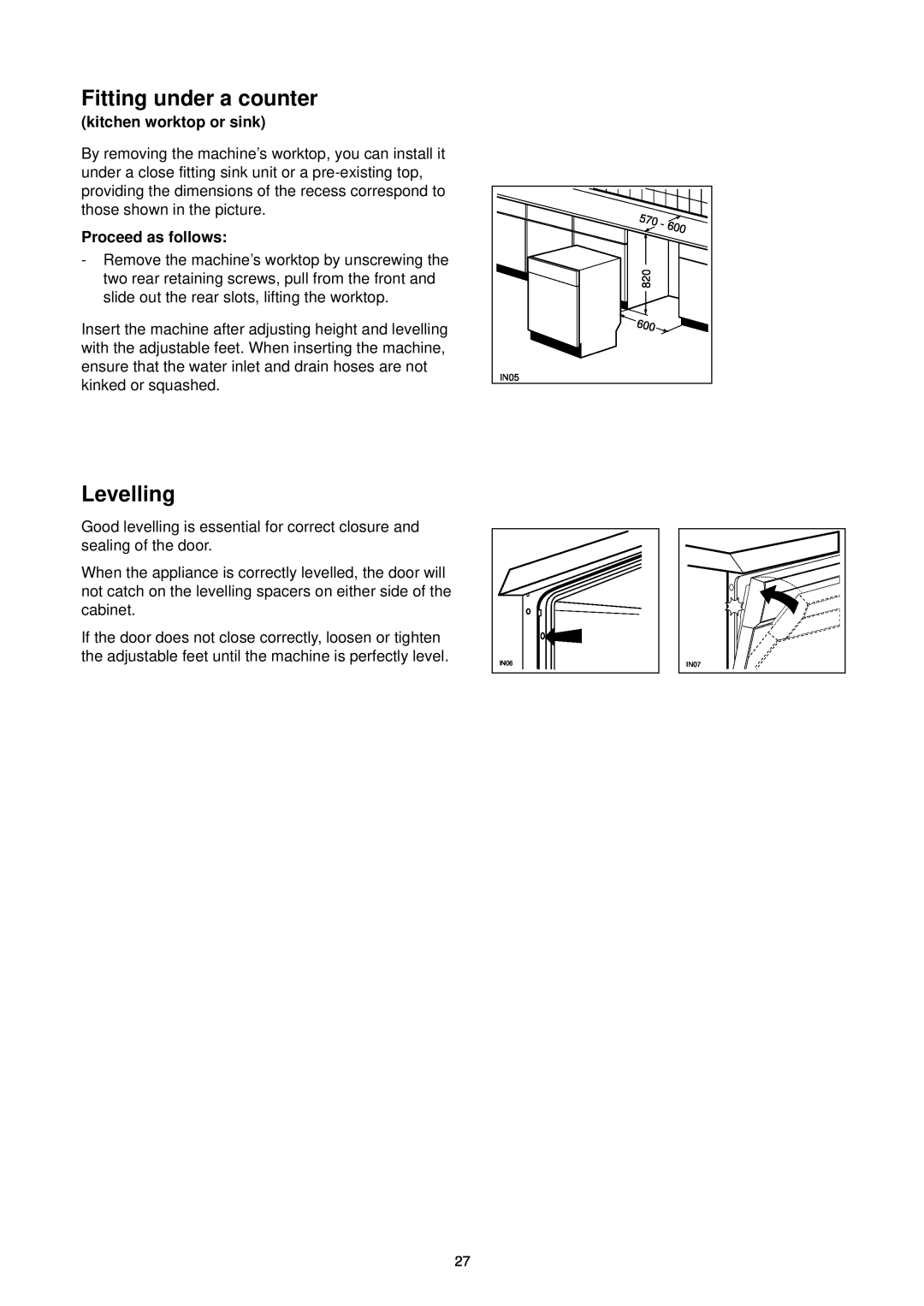 Zanussi DE 6844 A manual Fitting under a counter, Levelling, kitchen worktop or sink, Proceed as follows, IN05 