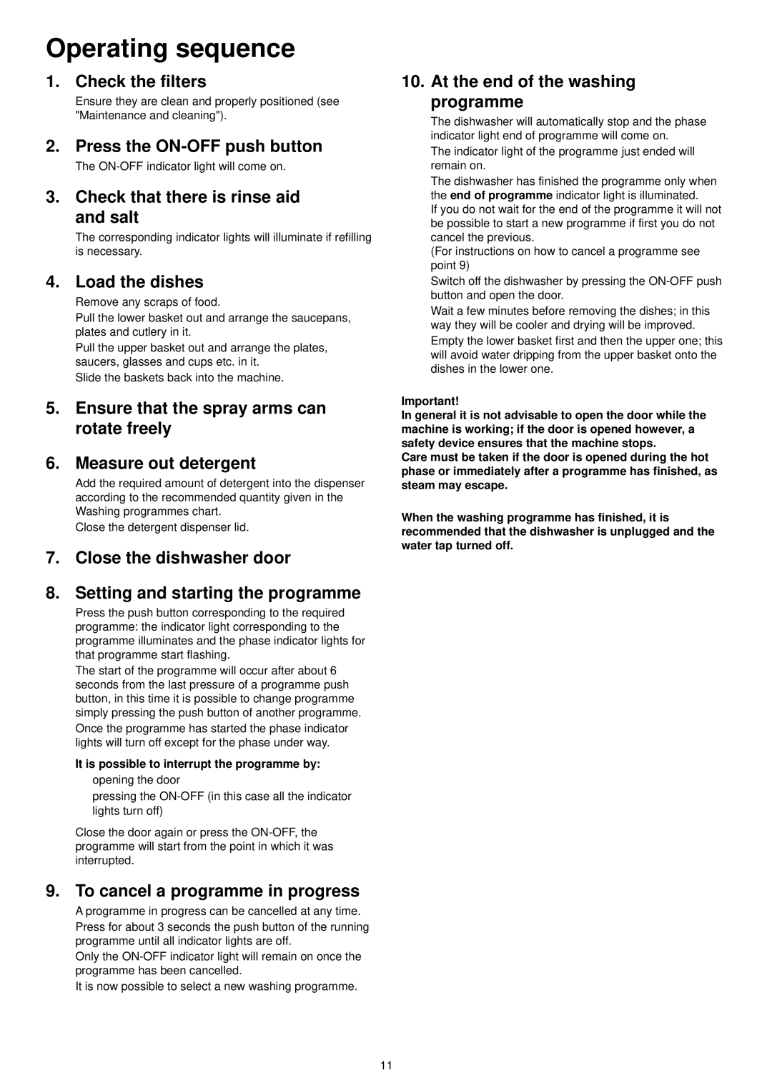 Zanussi DE 6850 manual Operating sequence 