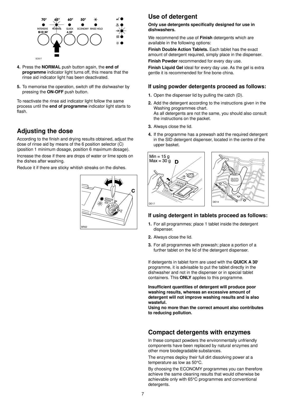 Zanussi DE 6850 manual Adjusting the dose, Use of detergent, Compact detergents with enzymes, End 