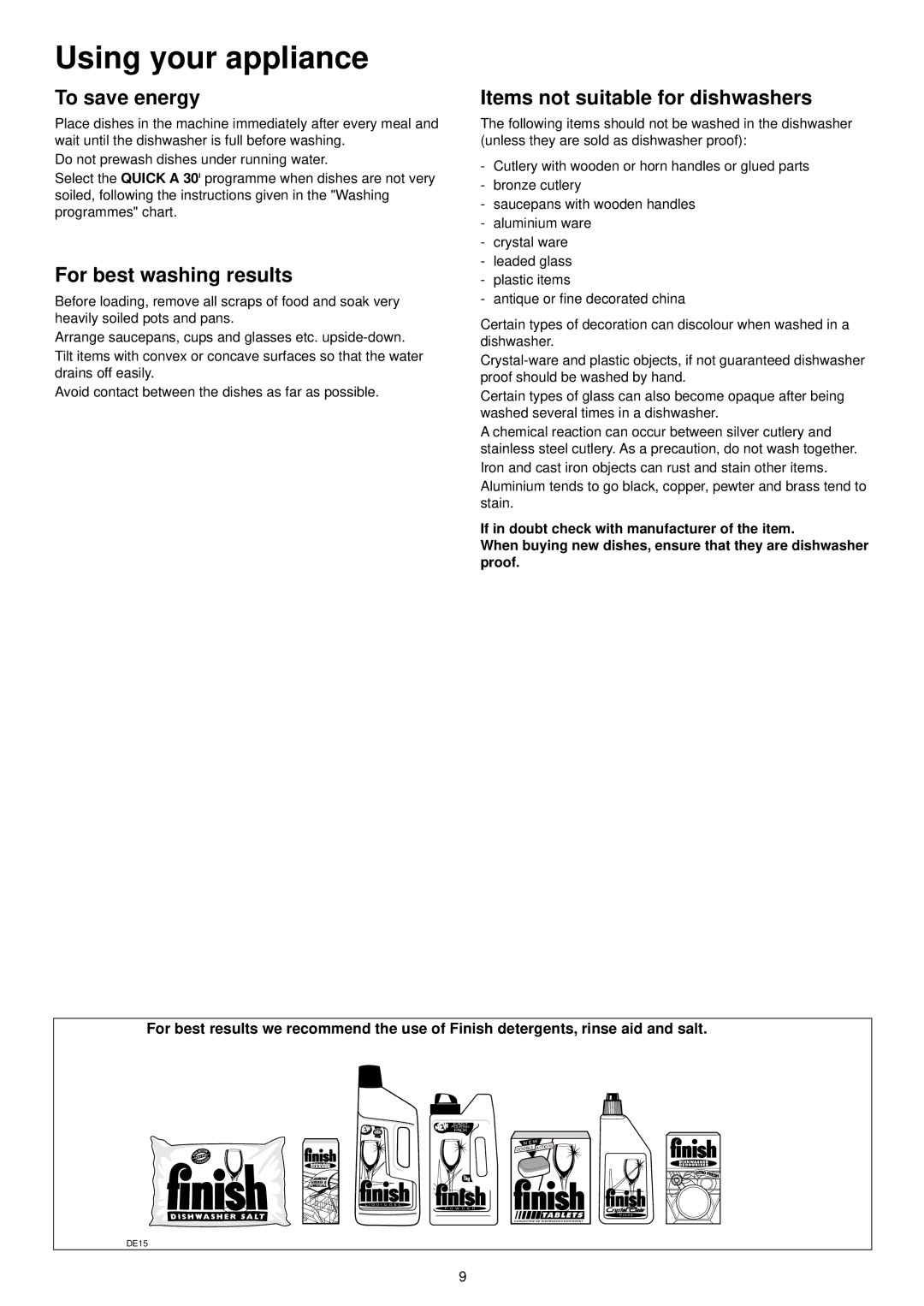 Zanussi DE 6850 manual To save energy, For best washing results, Items not suitable for dishwashers 