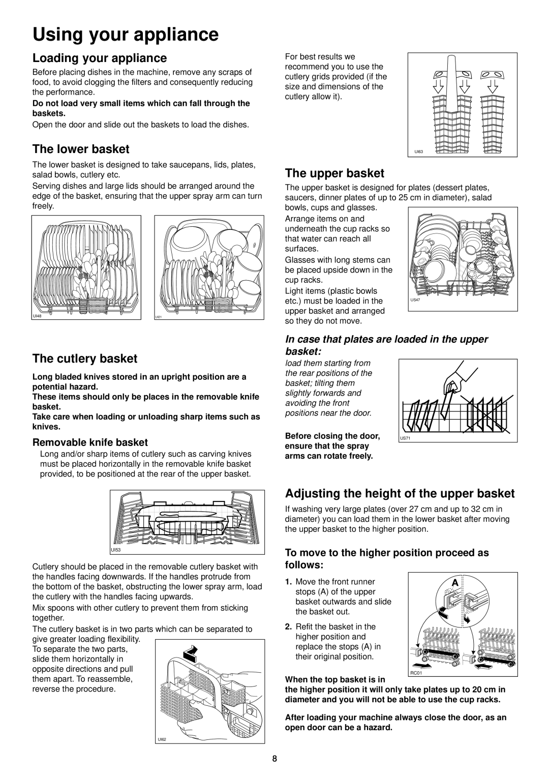 Zanussi DE 6850 manual Using your appliance, Loading your appliance, The lower basket, The upper basket, The cutlery basket 