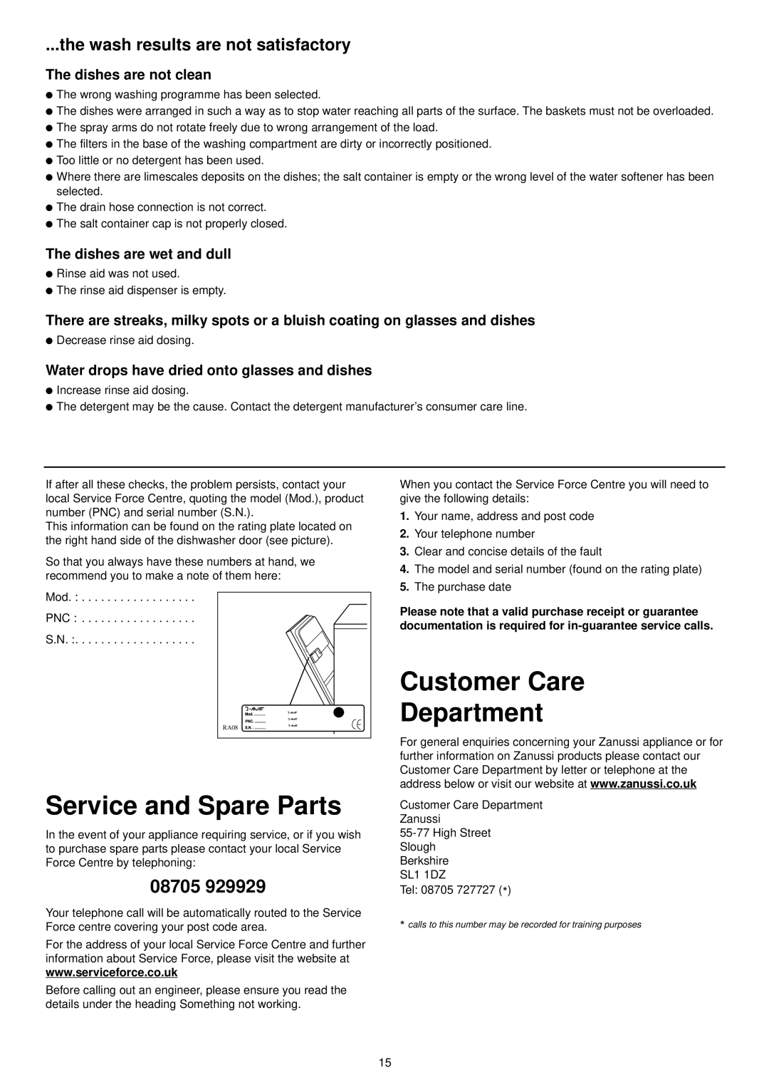 Zanussi DE 6854 manual Customer Care Department, Service and Spare Parts, Dishes are wet and dull 