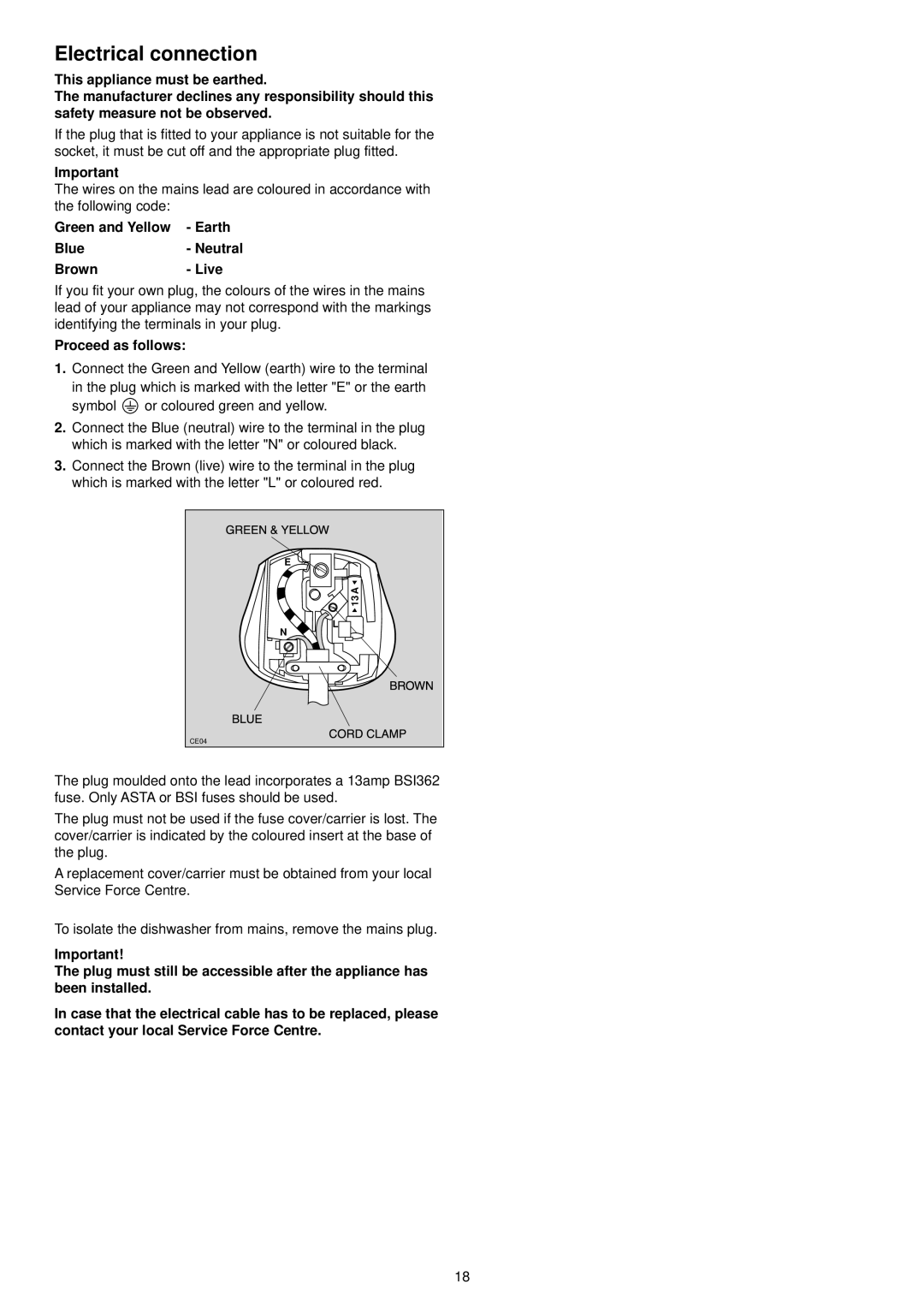 Zanussi DE 6854 manual Electrical connection, This appliance must be earthed, Blue- Neutral Brown- Live, Symbol 