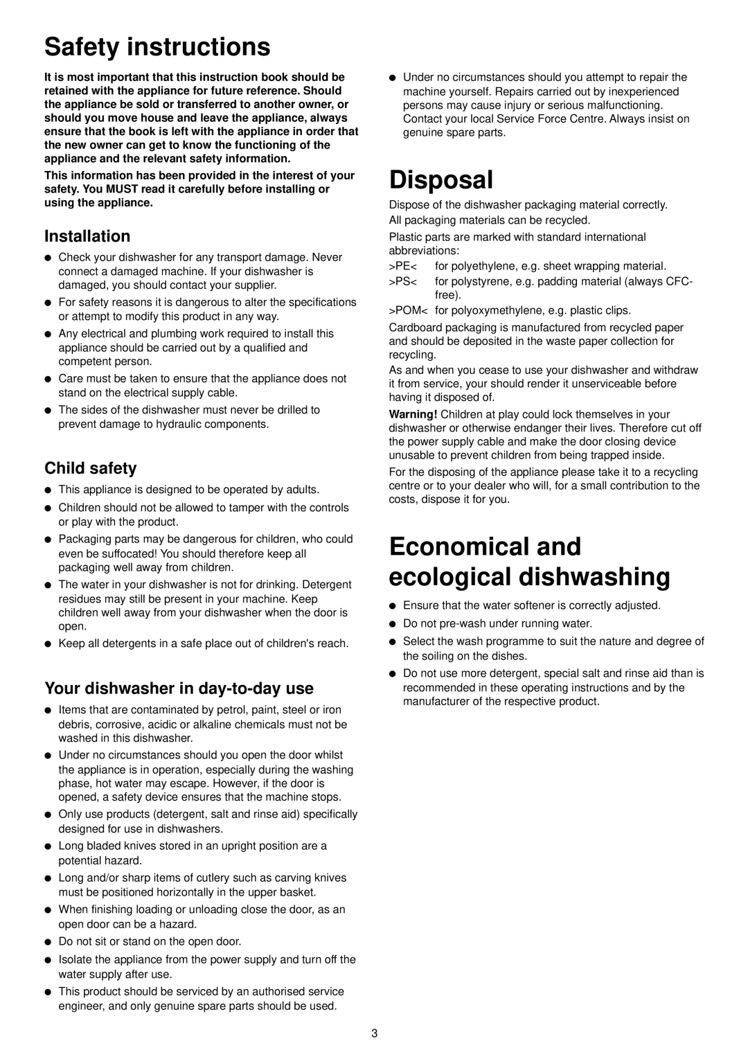 Zanussi DE 6854 manual Safety instructions, Disposal, Installation, Child safety, Your dishwasher in day-to-day use 