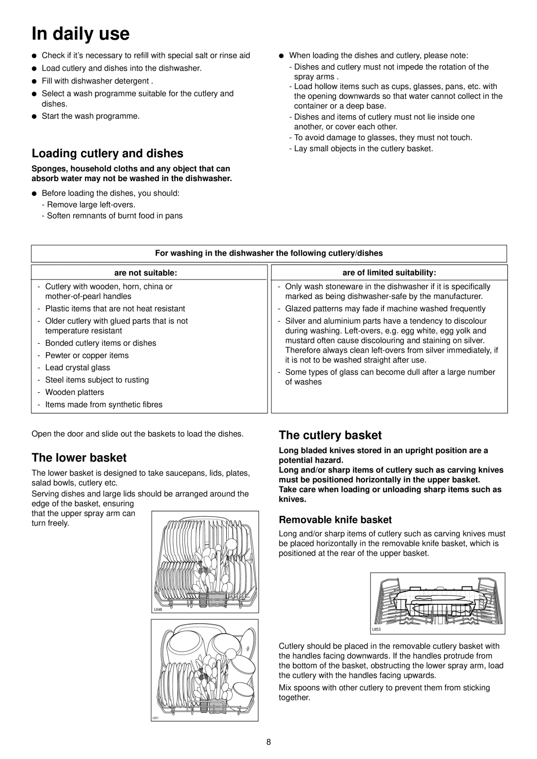 Zanussi DE 6854 manual Daily use, Loading cutlery and dishes, Lower basket, Cutlery basket, Removable knife basket 