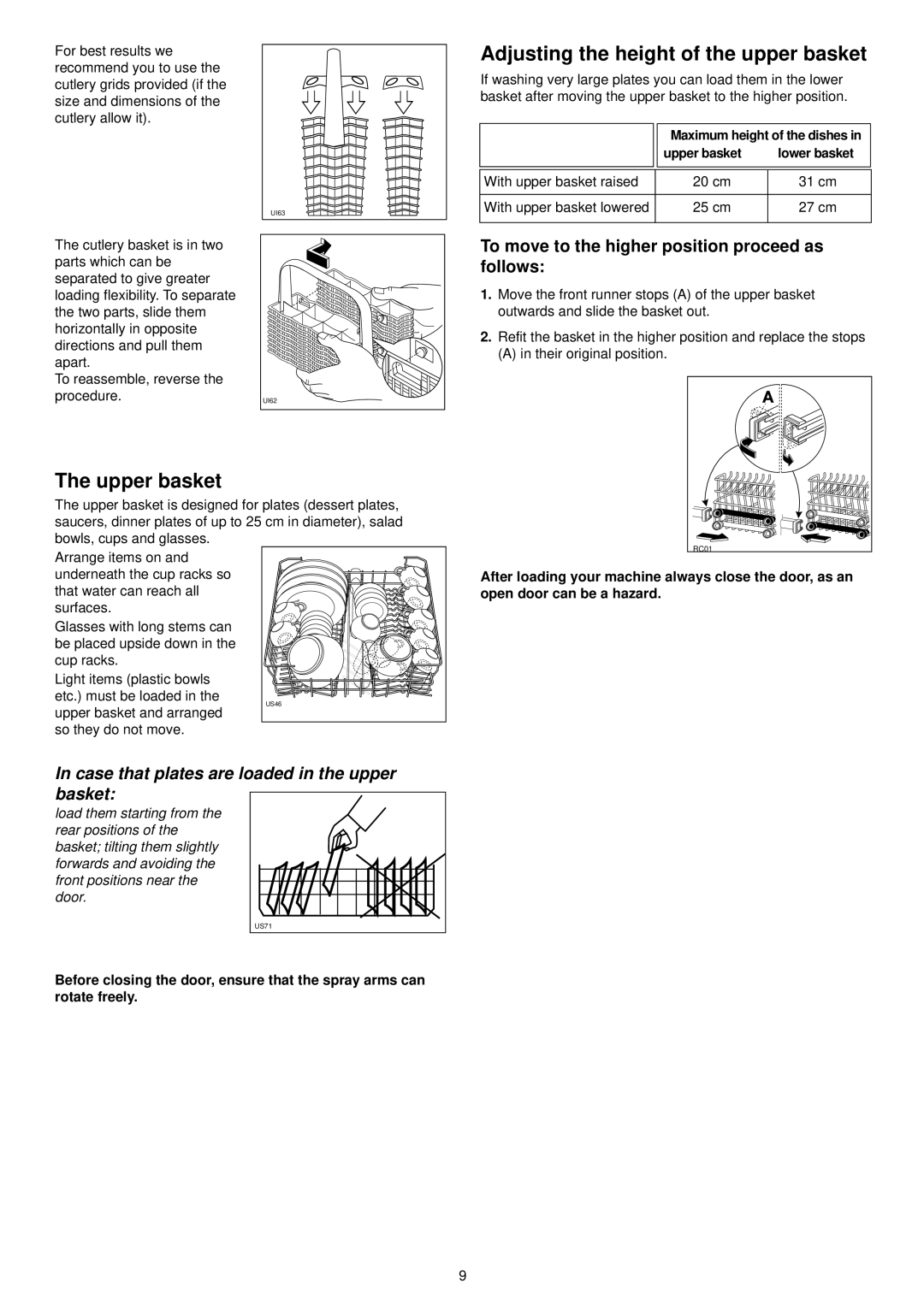 Zanussi DE 6854 manual Adjusting the height of the upper basket, Upper basket, 31 cm 