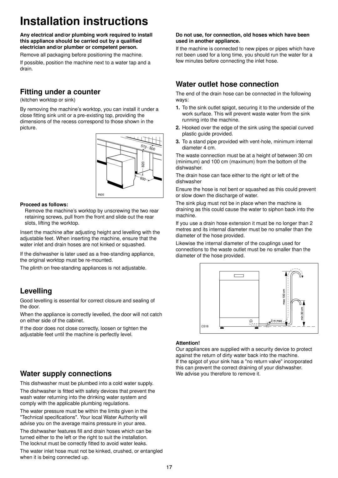 Zanussi DE 6854 manual Installation instructions, Fitting under a counter, Levelling, Water supply connections 