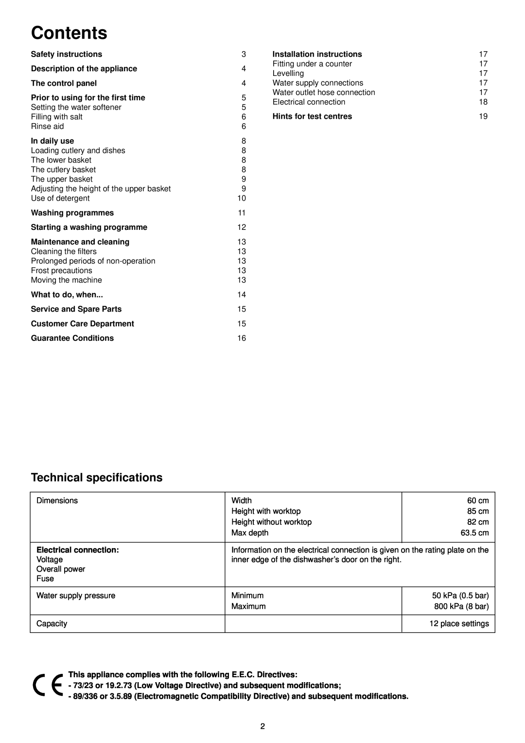 Zanussi DE 6854 manual Contents, Technical specifications 