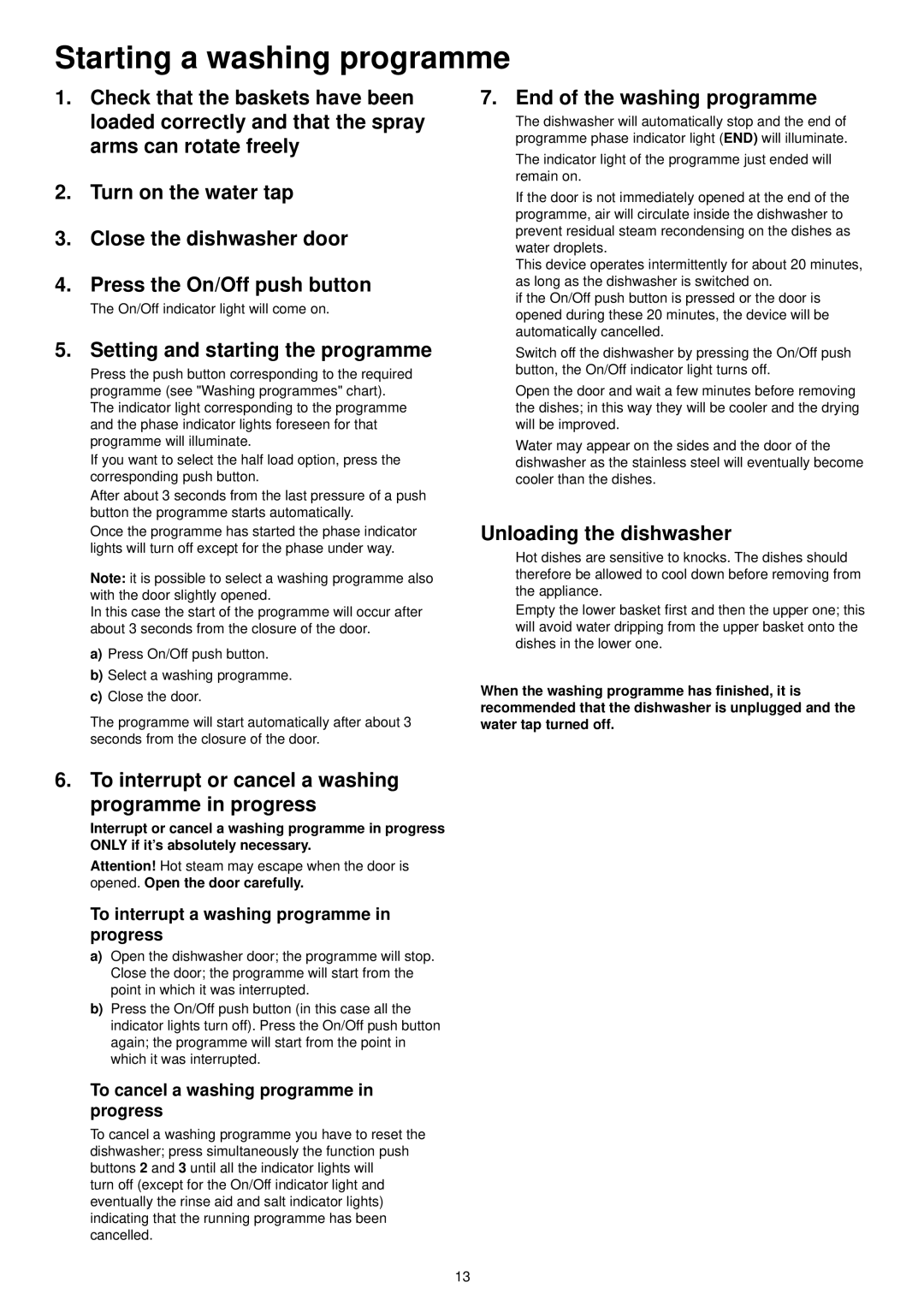 Zanussi DE 6855 manual Starting a washing programme, Setting and starting the programme, Unloading the dishwasher 