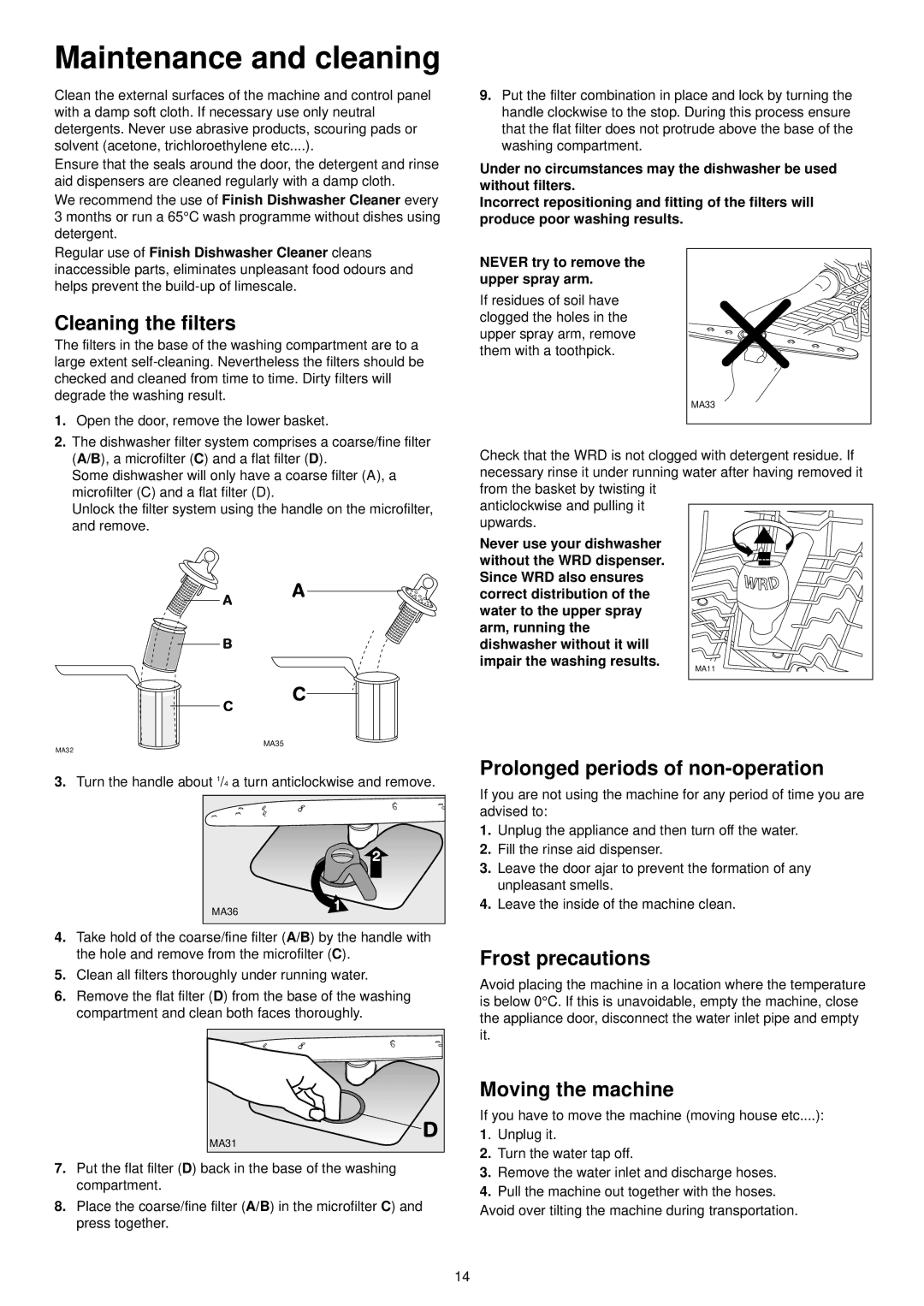 Zanussi DE 6855 Maintenance and cleaning, Cleaning the filters, Prolonged periods of non-operation, Frost precautions 