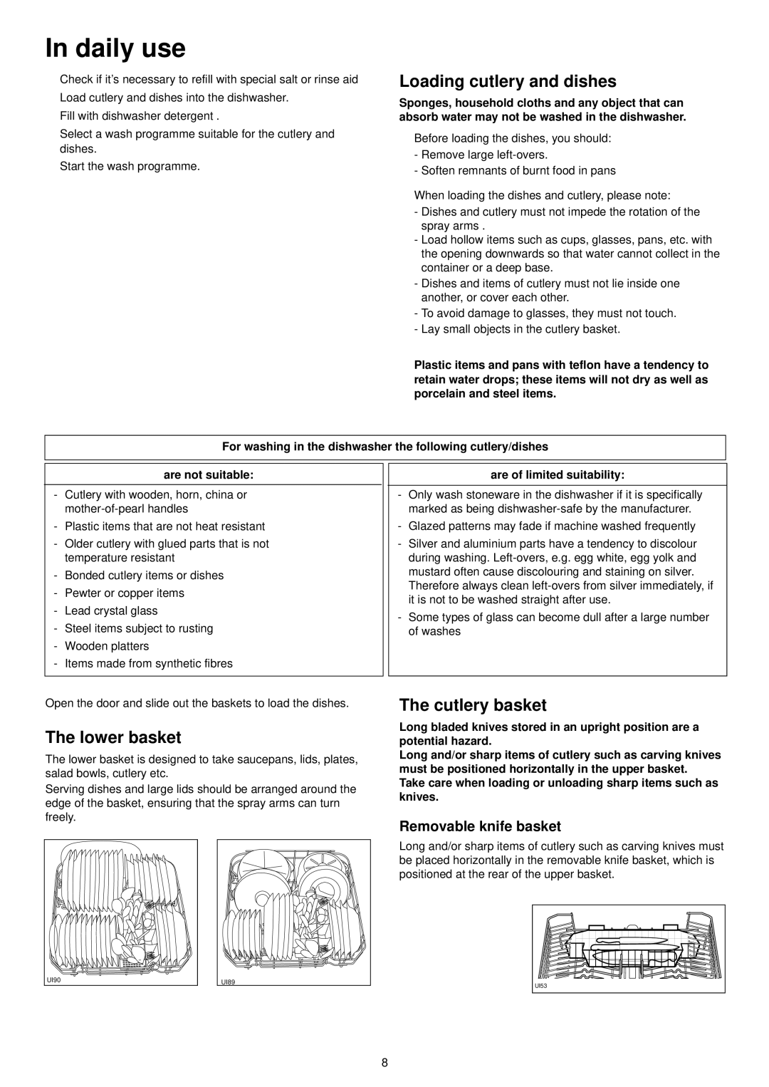 Zanussi DE 6855 manual Daily use, Loading cutlery and dishes, Lower basket, Cutlery basket, Removable knife basket 