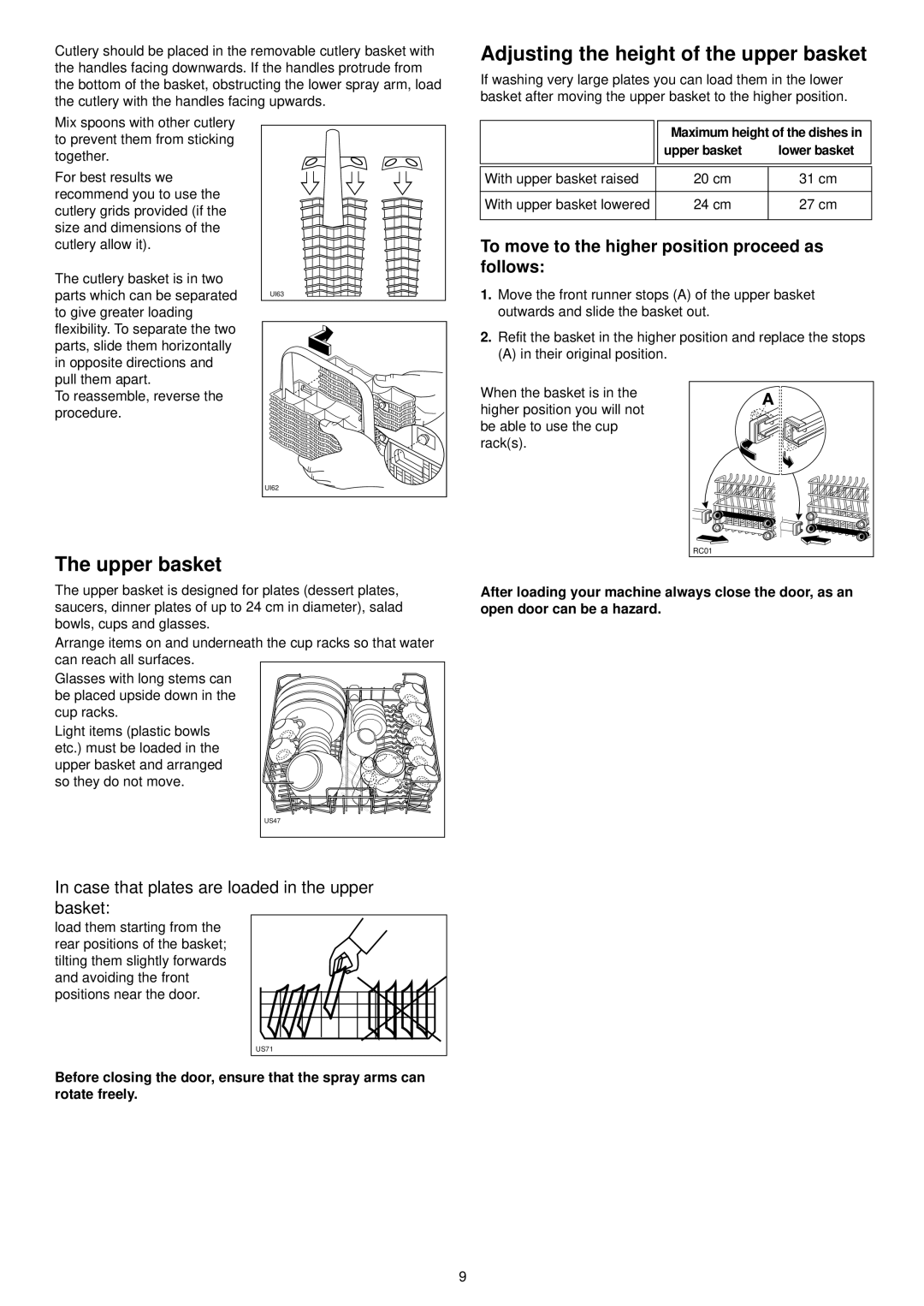 Zanussi DE 6855 Adjusting the height of the upper basket, Upper basket, To move to the higher position proceed as follows 