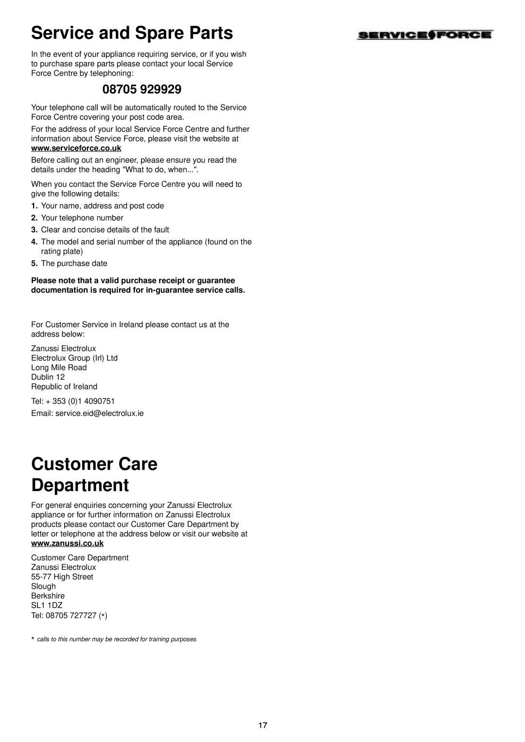 Zanussi DE 6855 manual Service and Spare Parts, Customer Care Department, 08705 