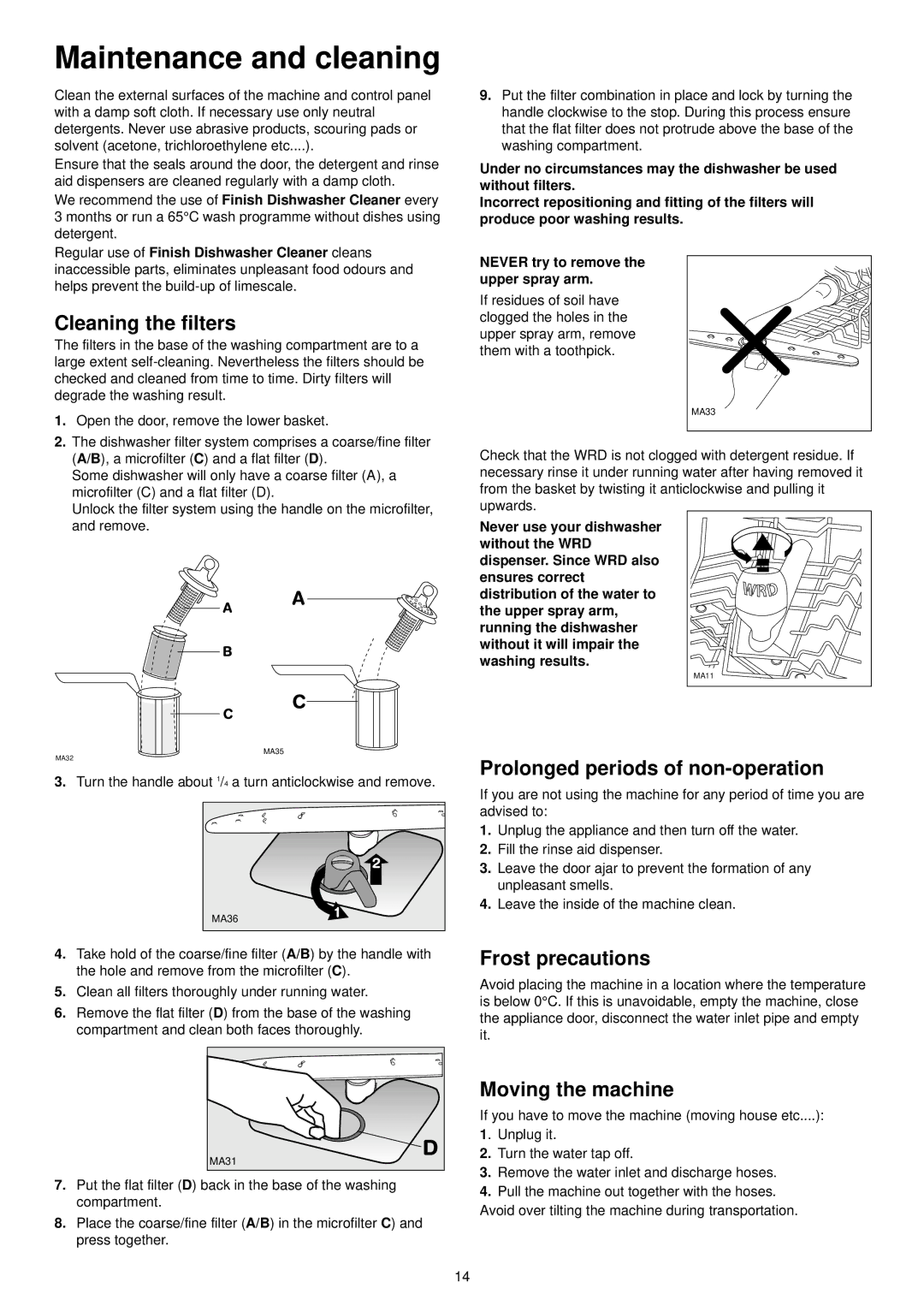 Zanussi DE 6865 Maintenance and cleaning, Cleaning the filters, Prolonged periods of non-operation, Frost precautions 