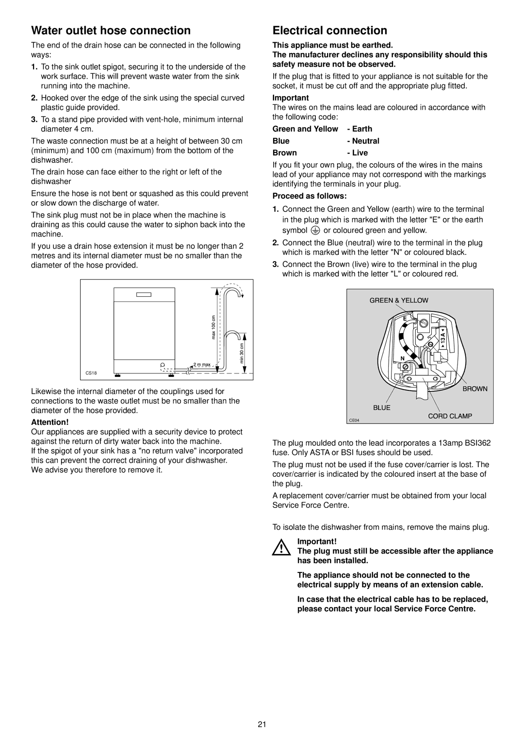 Zanussi DE 6954 Water outlet hose connection, Electrical connection, Green and Yellow Earth Blue- Neutral Brown- Live 