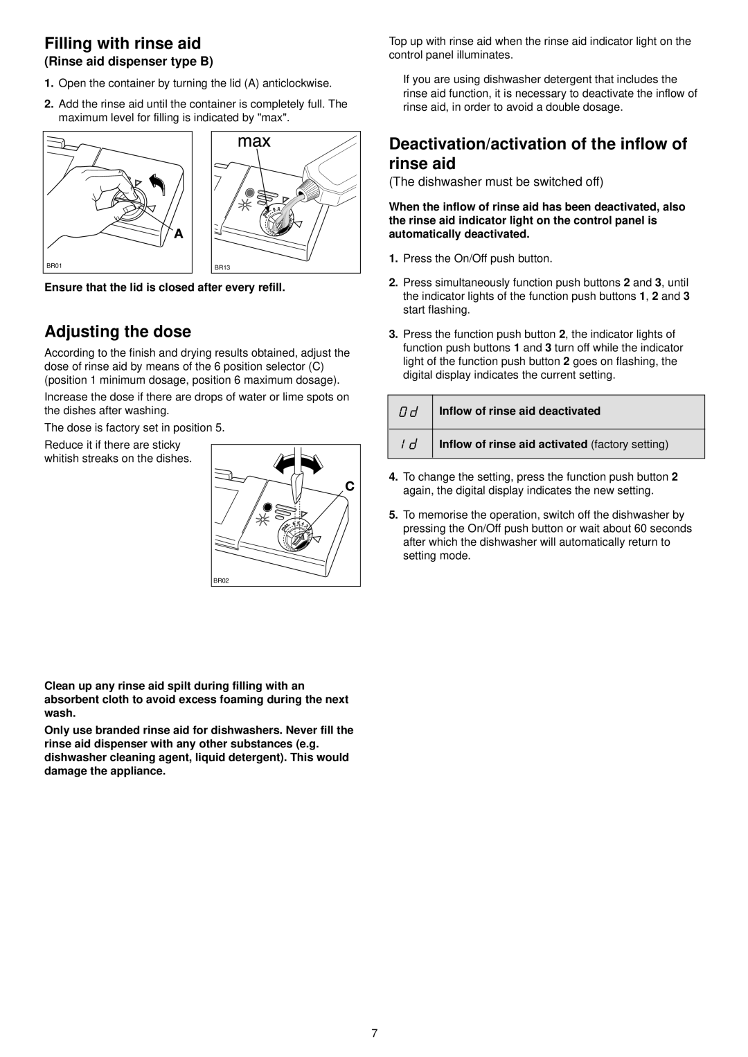 Zanussi DE 6954 manual Deactivation/activation of the inflow of rinse aid, Rinse aid dispenser type B 