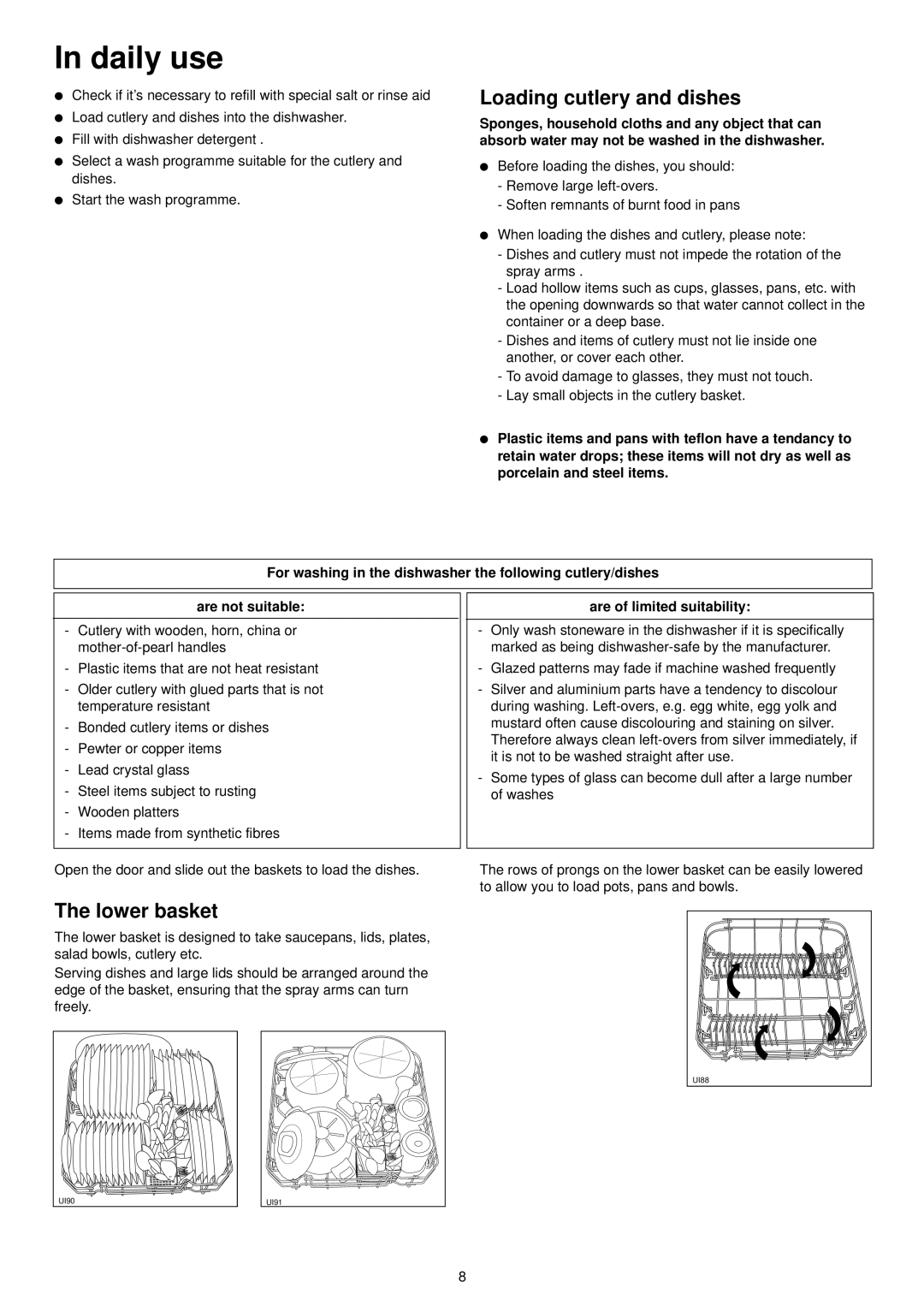 Zanussi DE 6954 manual Daily use, Loading cutlery and dishes, Lower basket, Are of limited suitability 