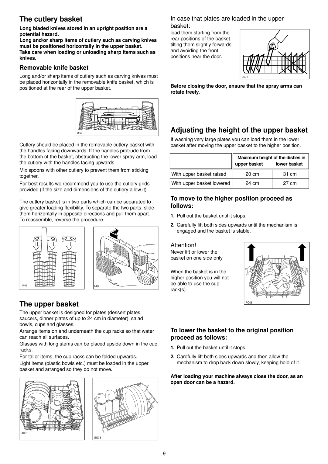 Zanussi DE 6954 manual Cutlery basket, Adjusting the height of the upper basket, Upper basket, Removable knife basket 