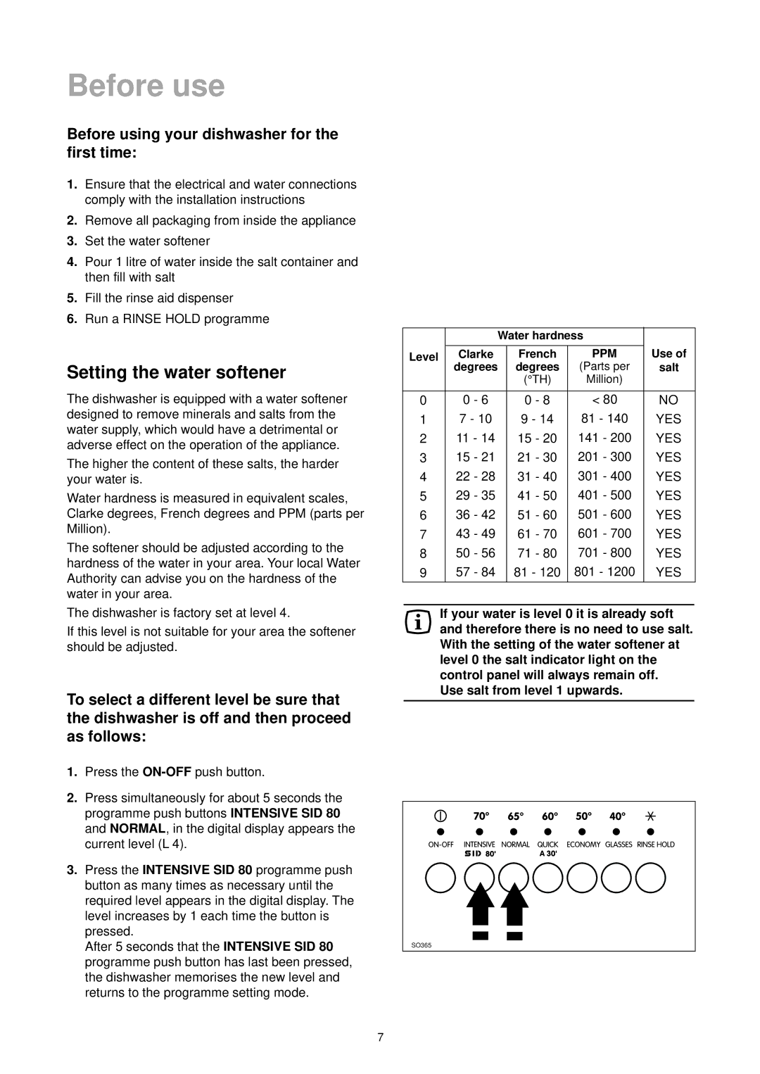 Zanussi DE 6965 manual Before use, Setting the water softener, Press, Normal, Use salt from level 1 upwards 