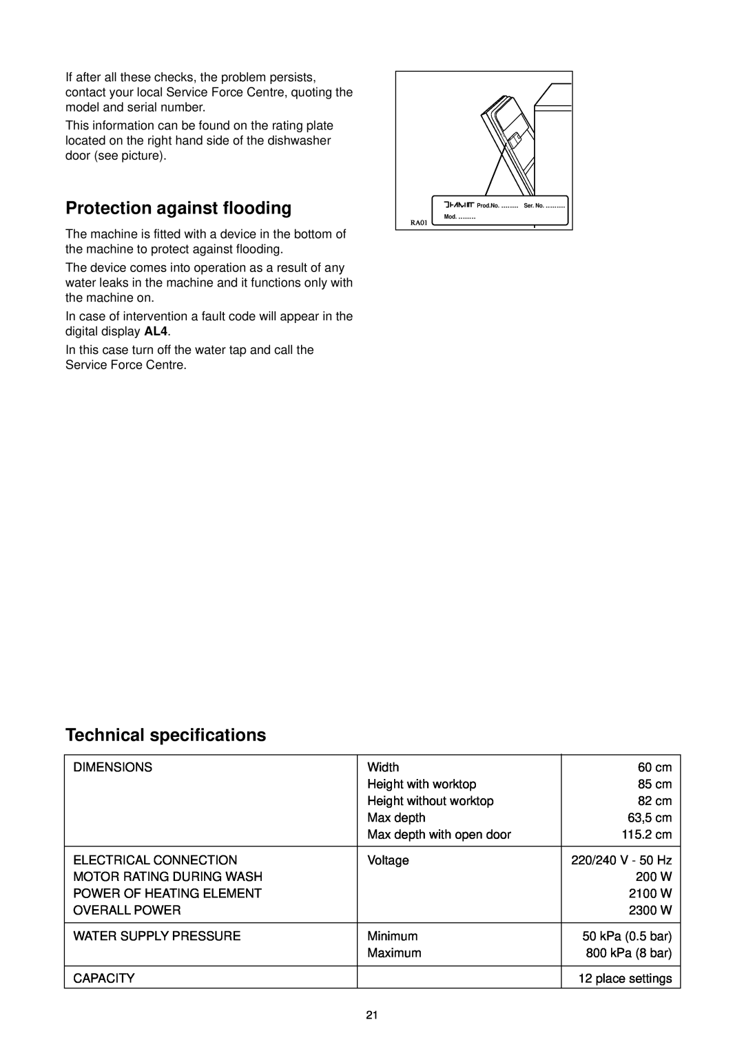 Zanussi DE 6965 manual Protection against flooding, Technical specifications 