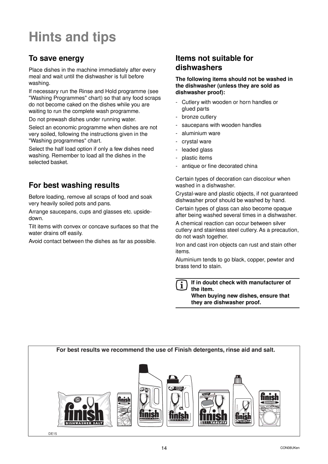 Zanussi DES 959 manual Hints and tips, To save energy, For best washing results, Items not suitable for dishwashers 