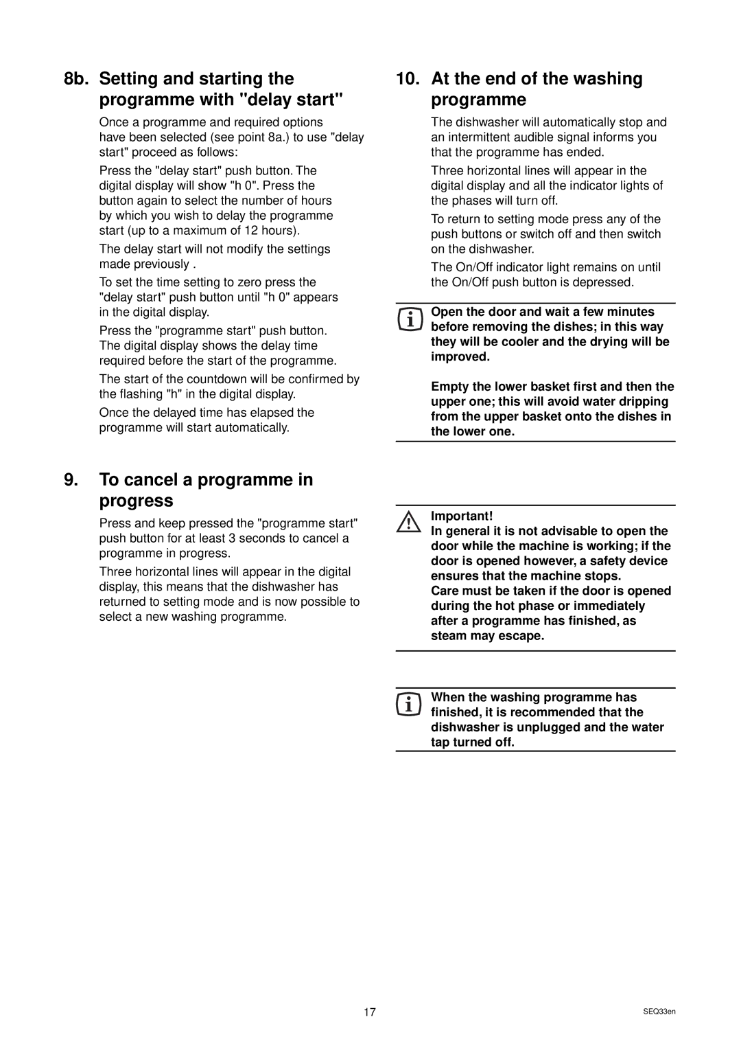 Zanussi DES 959 manual At the end of the washing programme, To cancel a programme Progress 