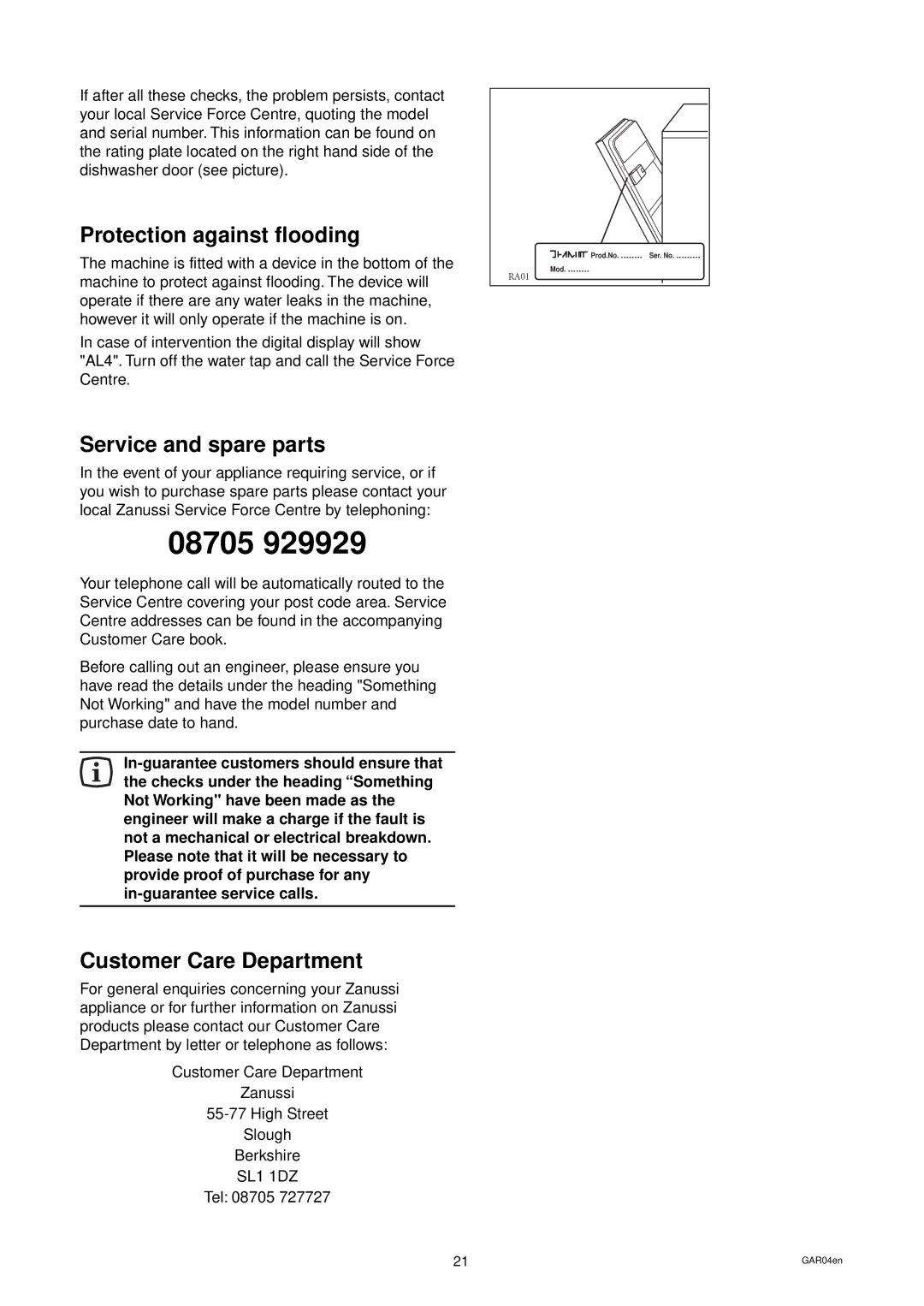 Zanussi DES 959 manual Protection against flooding, Service and spare parts, Customer Care Department 