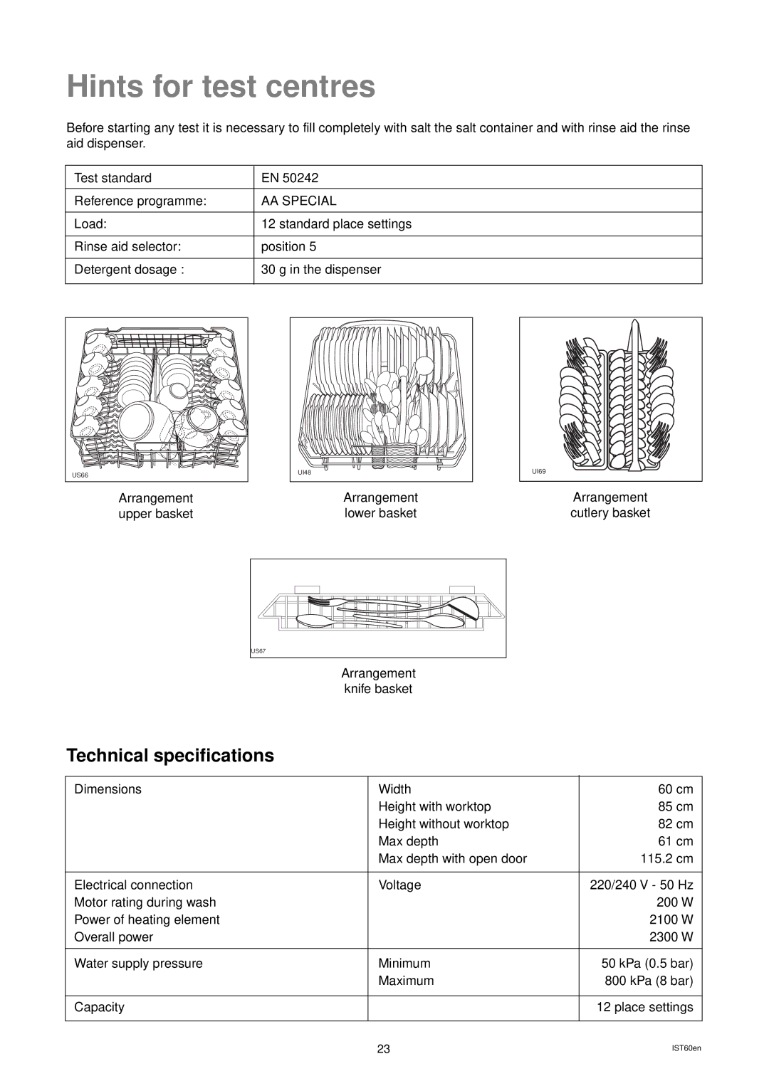 Zanussi DES 959 manual Hints for test centres, Technical specifications 