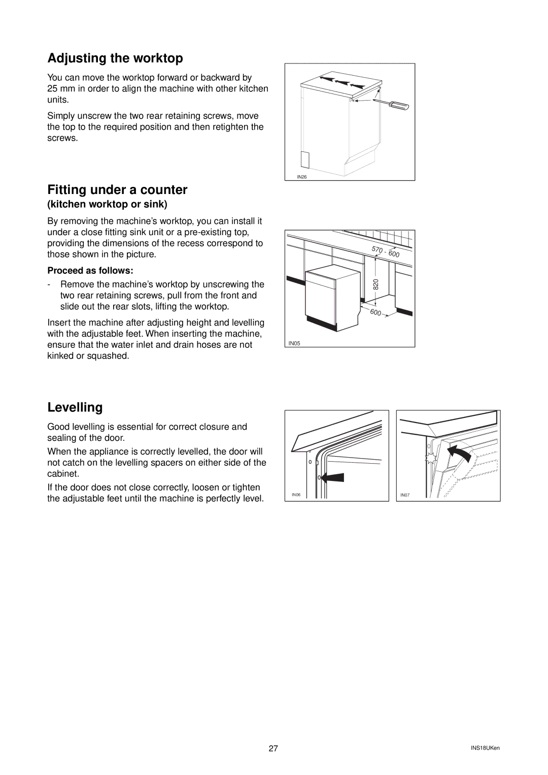 Zanussi DES 959 manual Adjusting the worktop, Fitting under a counter, Levelling 