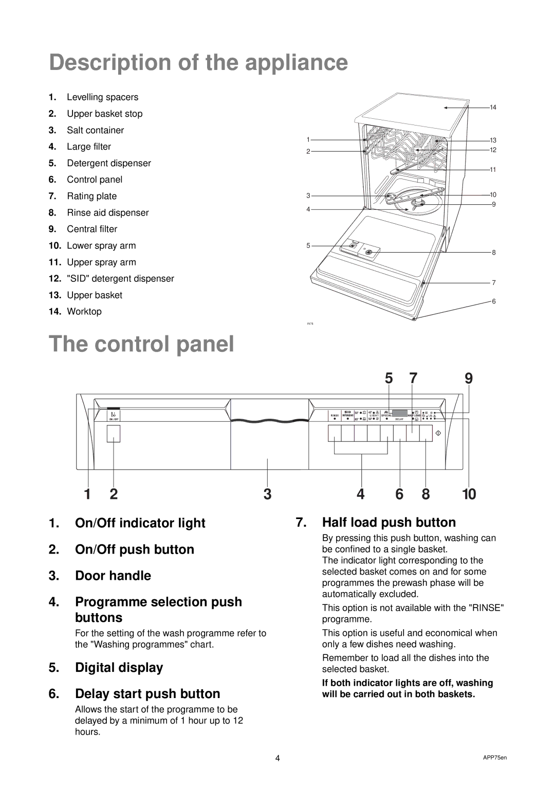 Zanussi DES 959 manual Description of the appliance, Control panel, Digital display Delay start push button 