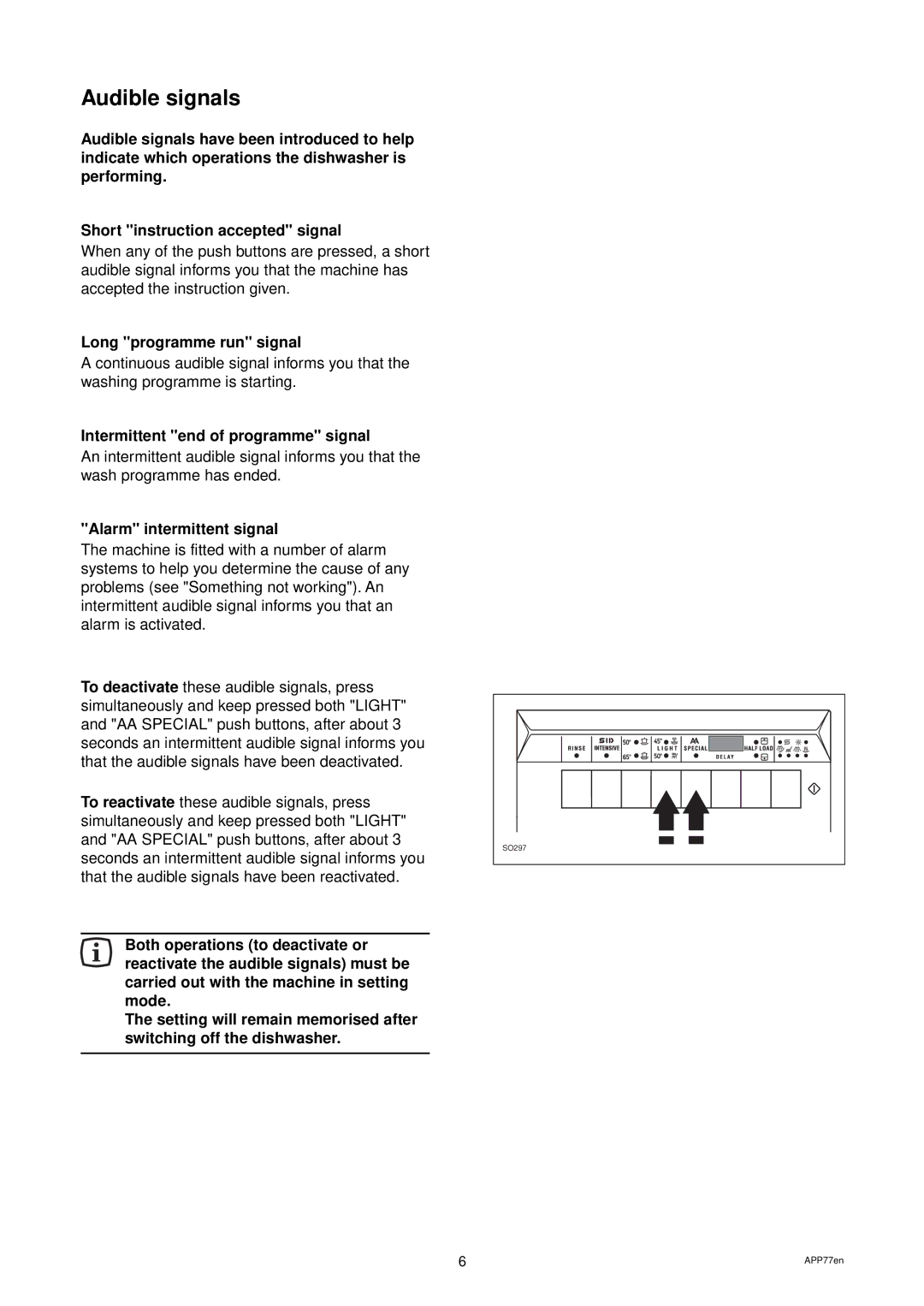 Zanussi DES 959 manual Audible signals, Long programme run signal, Intermittent end of programme signal 