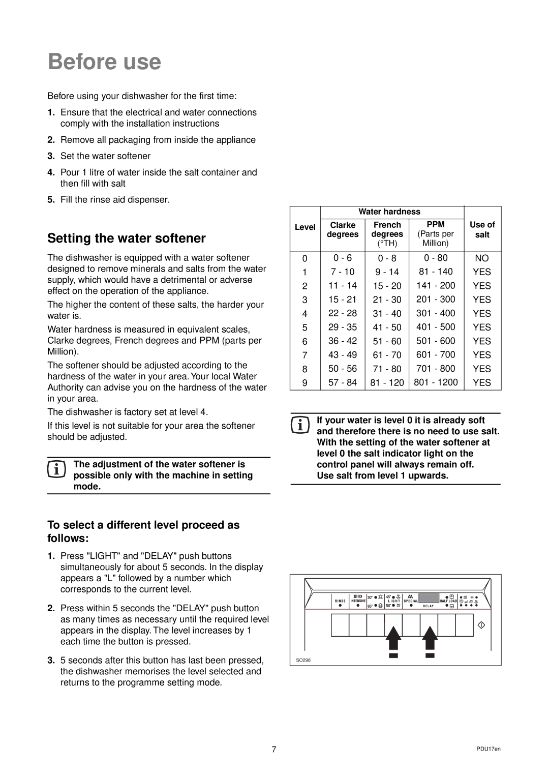 Zanussi DES 959 manual Before use, Setting the water softener 