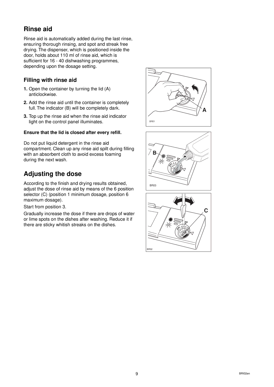 Zanussi DES 959 manual Rinse aid, Adjusting the dose, Ensure that the lid is closed after every refill 