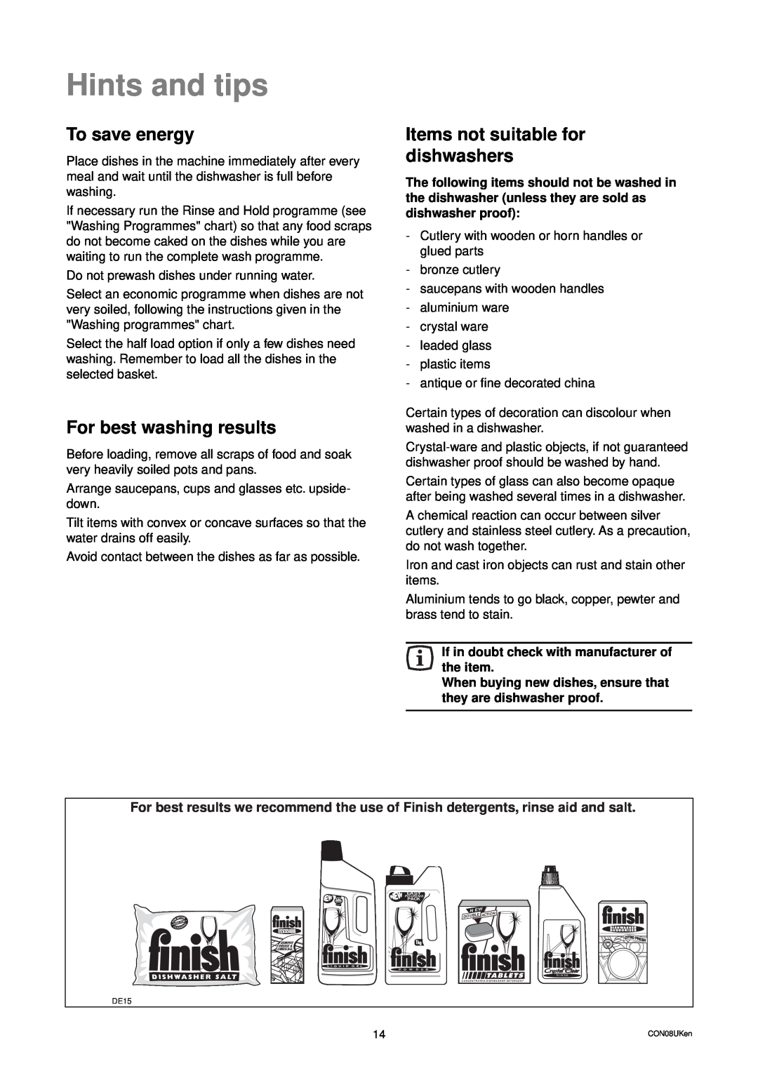 Zanussi DES 959 manual Hints and tips, To save energy, For best washing results, Items not suitable for dishwashers 