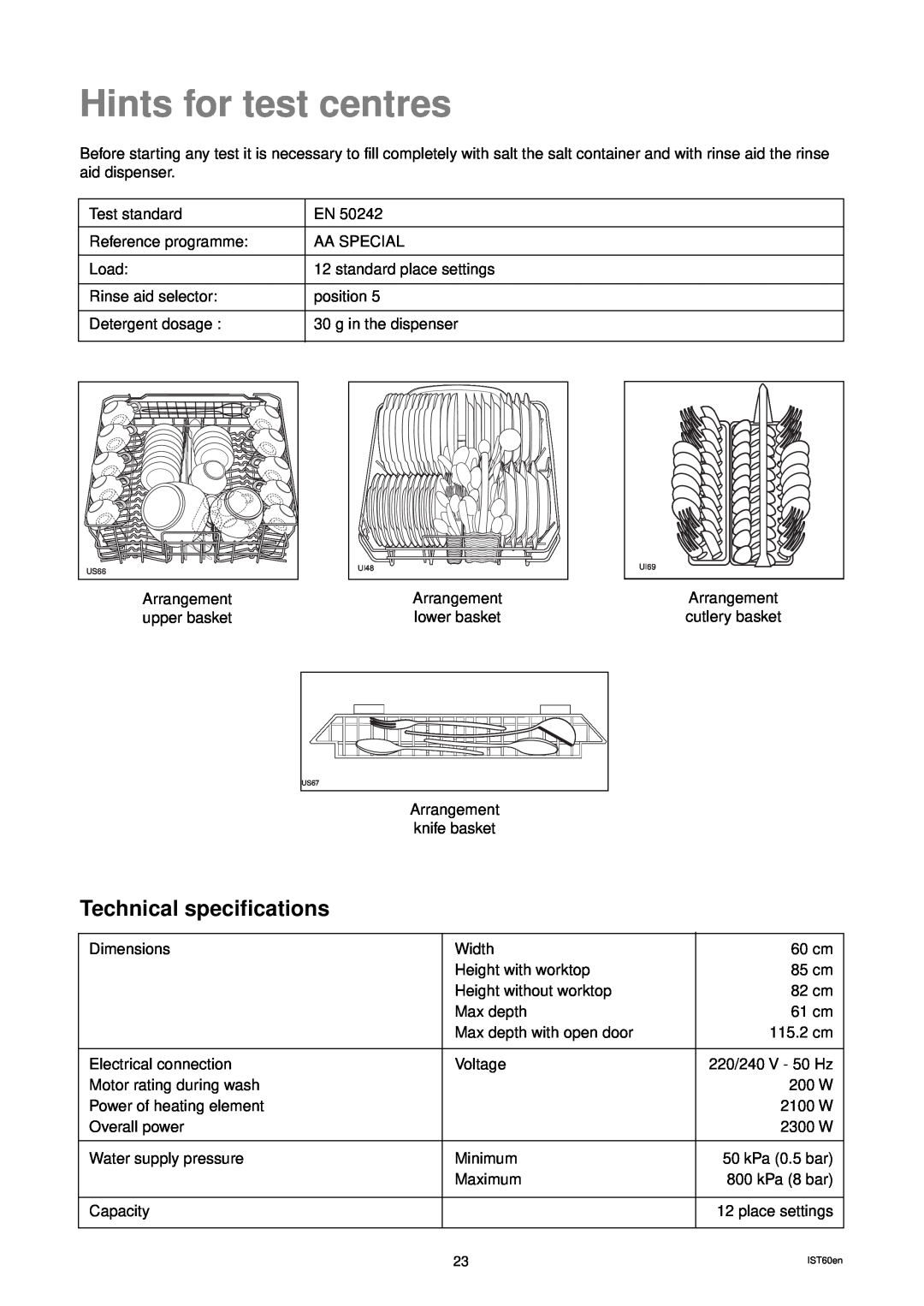 Zanussi DES 959 manual Hints for test centres, Technical specifications 