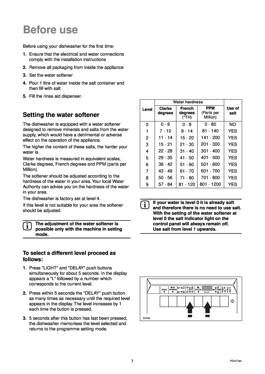 Zanussi DES 959 manual Before use, Setting the water softener, To select a different level proceed as follows 